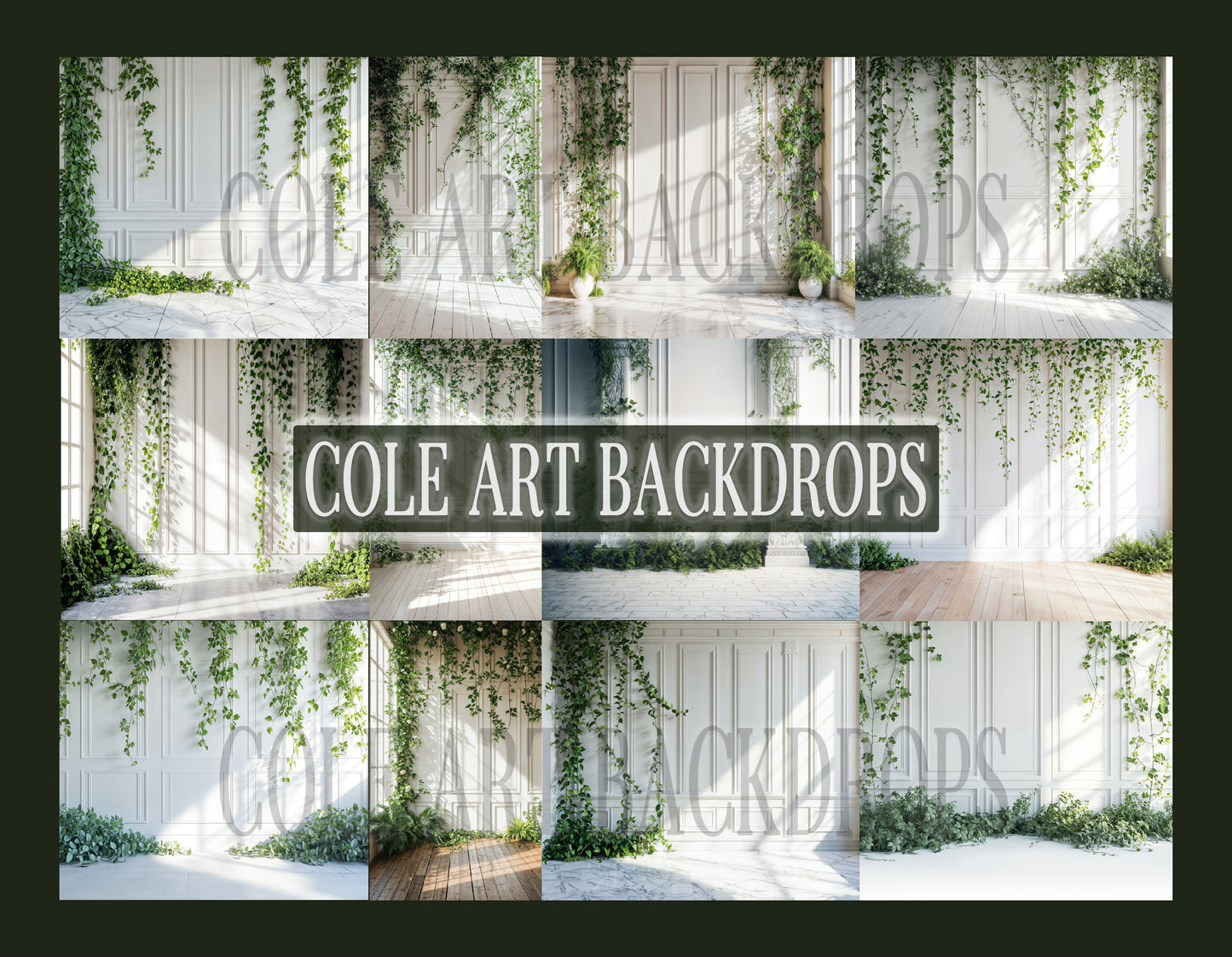 White Panel Green Vines Digital Backdrop Set
