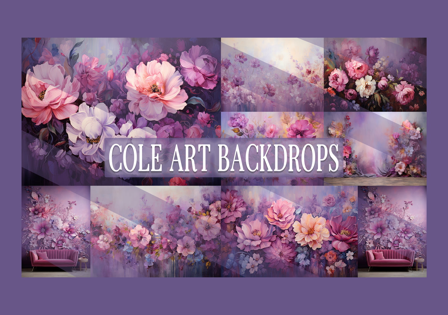 Conjunto de pintura al óleo floral púrpura: fondos digitales, fondos de maternidad, texturas para fondos de estudio, texturas de bellas artes, texturas para Photoshop