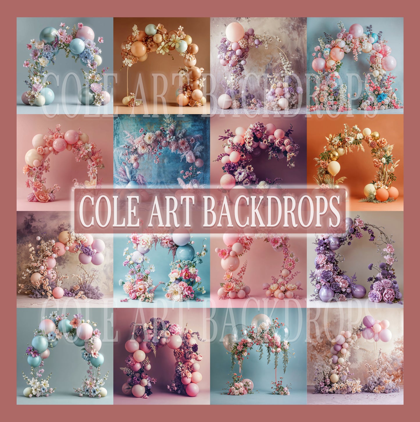 Conjunto de cenário digital com arco floral e balões