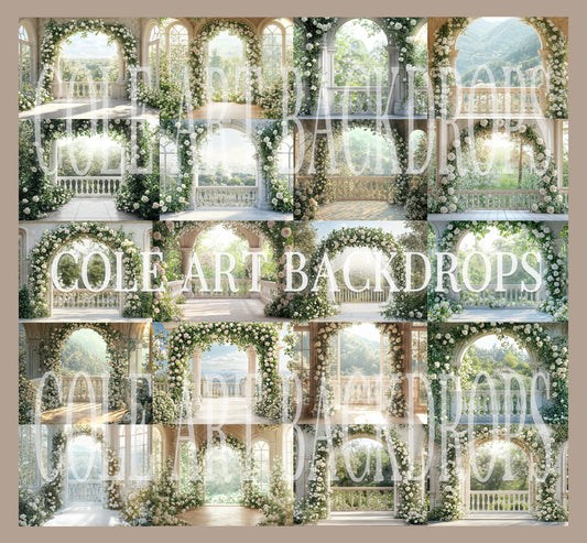 Fondo digital con diseño de balcón con rosas blancas