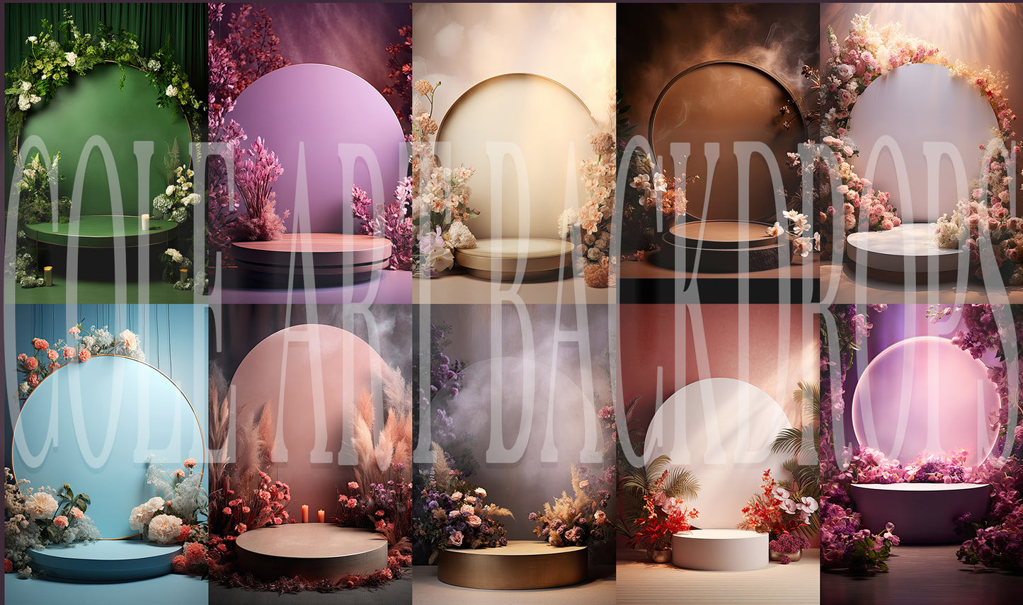 Colorful Round Floral Podium Set Digital Backdrops, Maternity Backgrounds, Studio Backdrop Textures, Fine Art Textures, Photoshop Textures