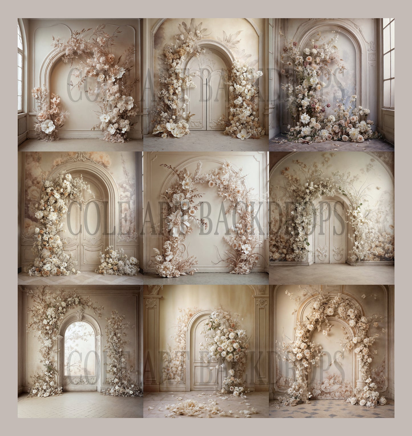 Conjunto de arco de mural branco, cenários digitais, sobreposições de cenários de maternidade, sobreposições de cenários de estúdio, fundos digitais