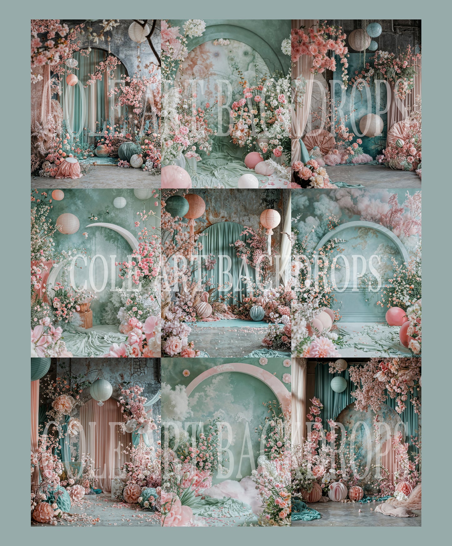 Conjunto de fondos digitales con tonos verde azulado rosado