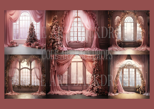 Pink Curtain Christmas Set Digital Backdrops, Maternity Backdrop Overlays, Studio Backdrop Overlays, Fine Art Textures, Christmas Backgrounds
