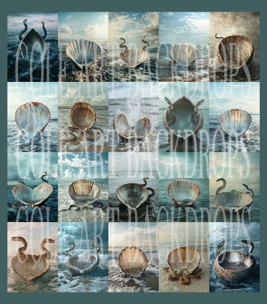 Fondo digital de conchas marinas y serpientes