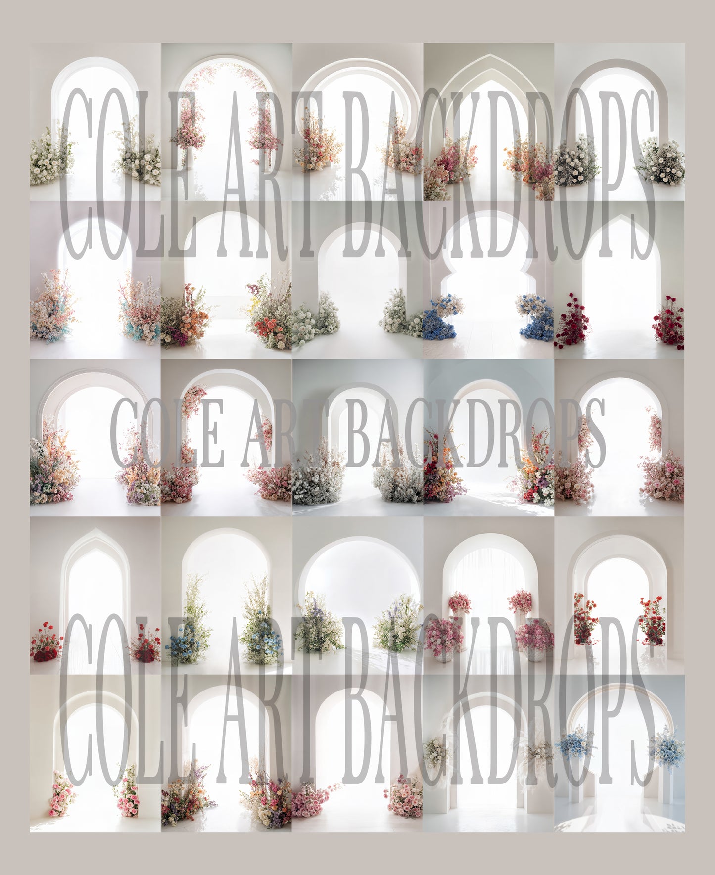 Conjunto de cenário digital com arcos florais brancos