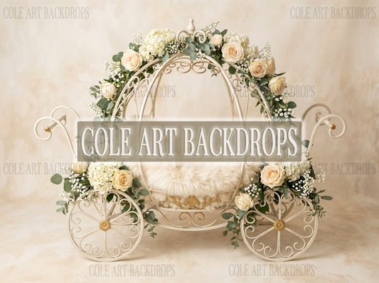 White Carriage Two Digital Backdrop, Newborn Background, Floral Baby Backdrop