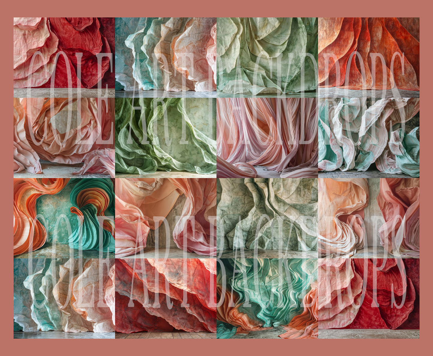 Conjunto de cenários digitais com esculturas coloridas
