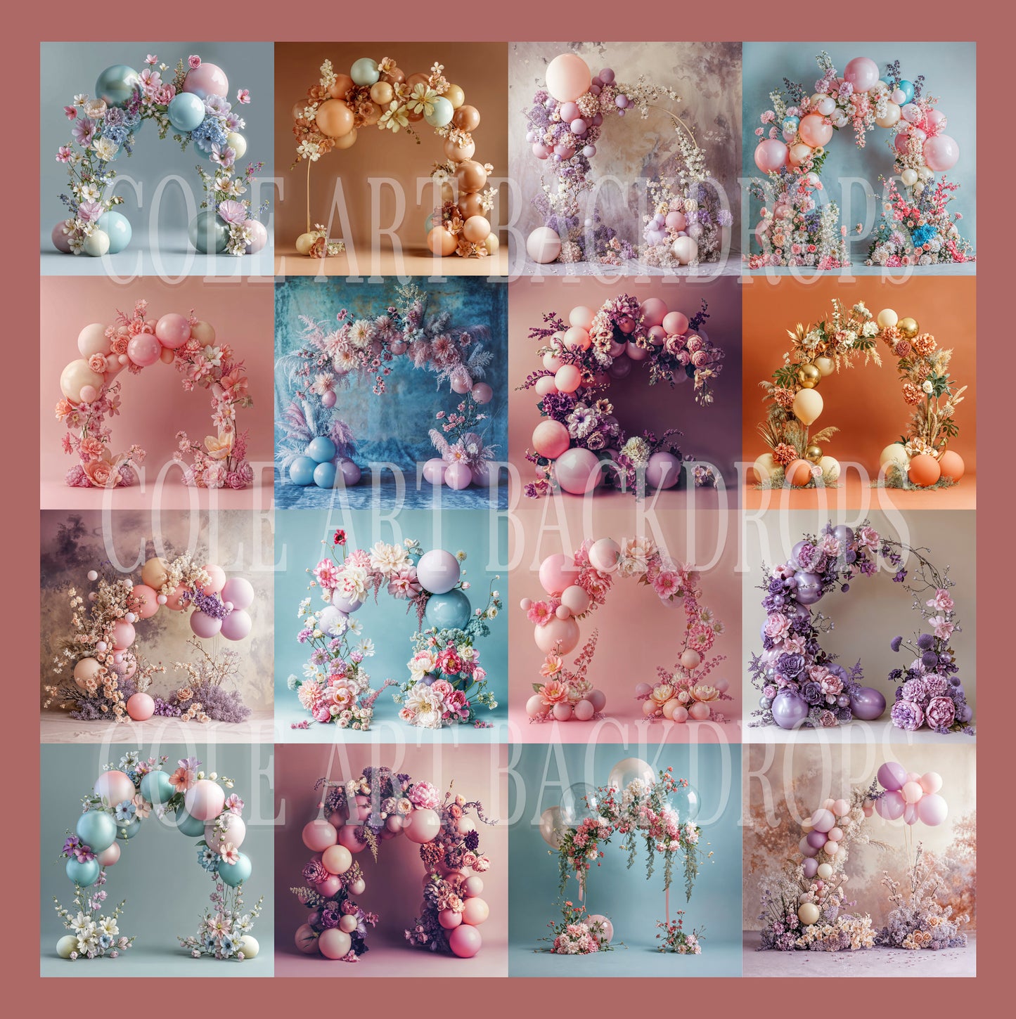 Conjunto de cenário digital com arco floral e balões
