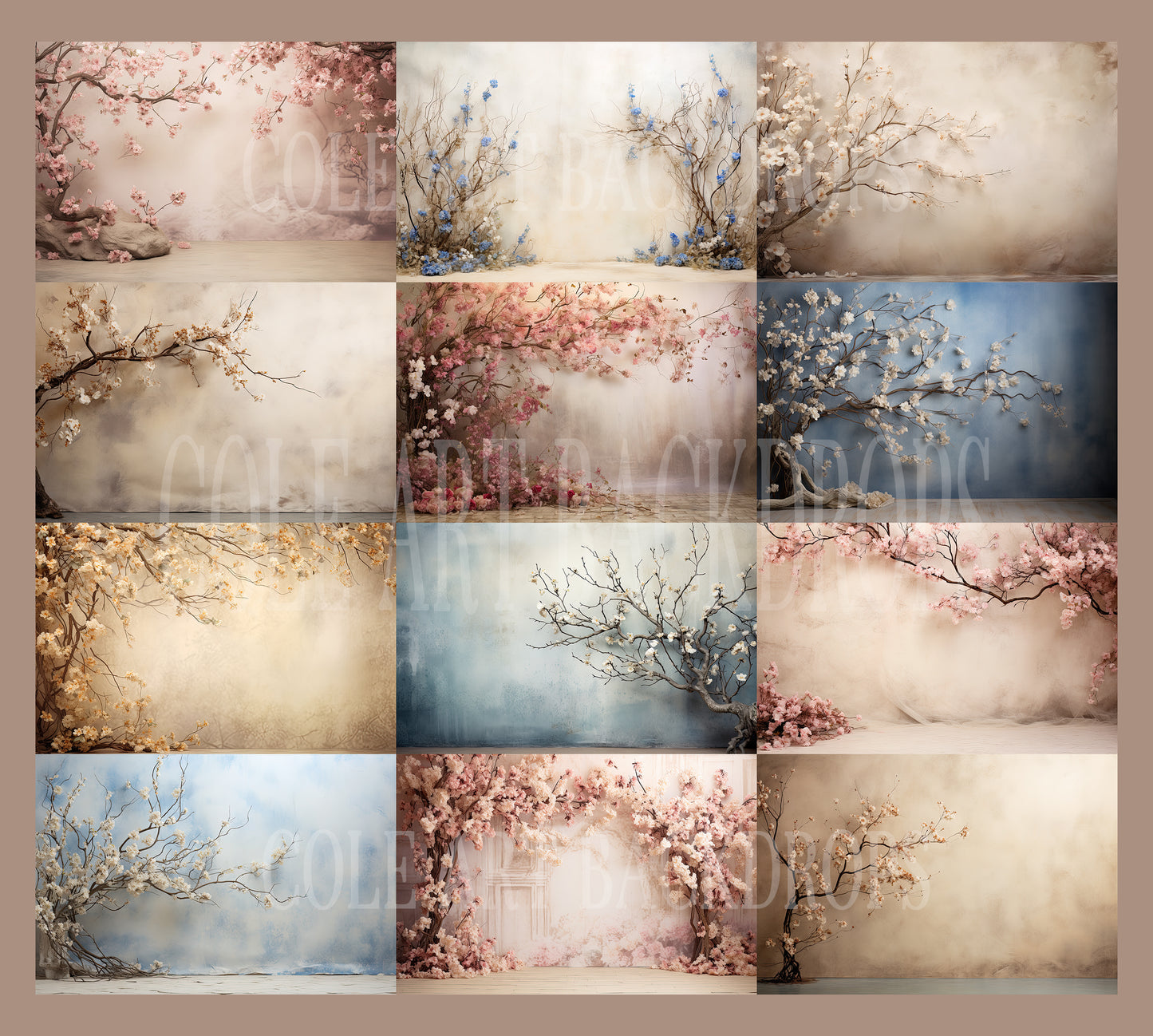 Fondos digitales con árboles de flores, superposiciones para fondos de maternidad, superposiciones para fondos de estudio, texturas de bellas artes, superposiciones para Photoshop