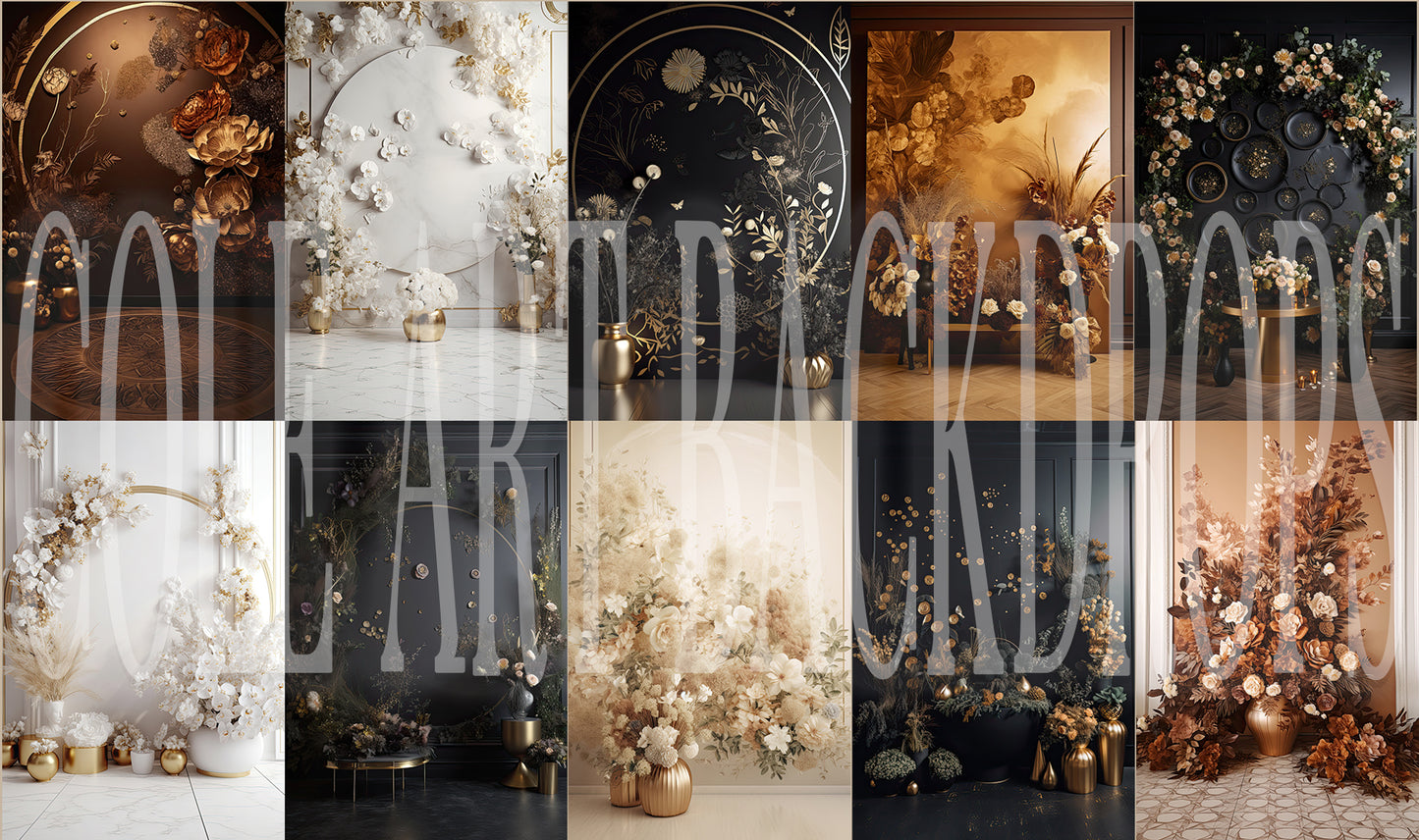 Conjunto de decoração dourada neutra: cenários digitais, fundos de maternidade, texturas para estúdio, texturas para belas artes, texturas para Photoshop