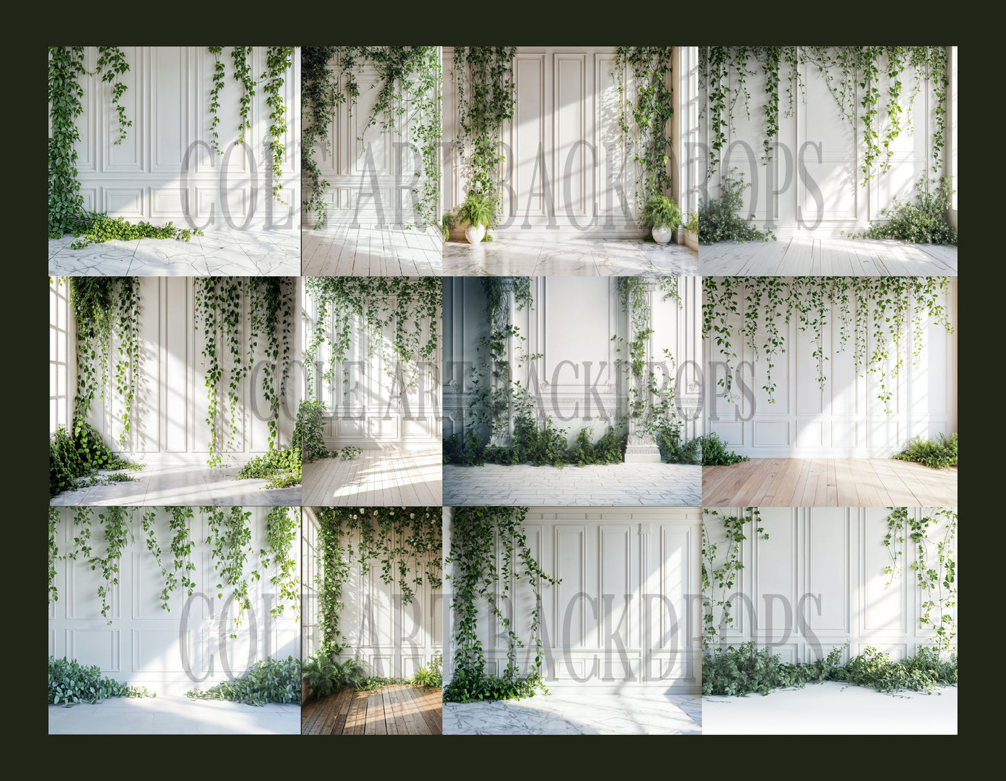 White Panel Green Vines Digital Backdrop Set