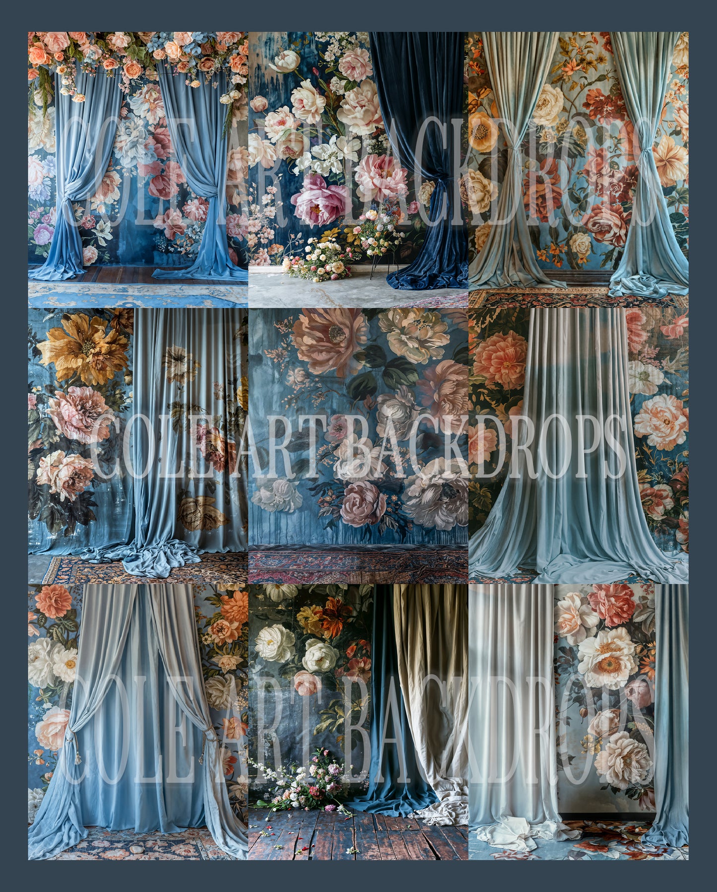 Conjunto de cenário digital com cortina floral azul