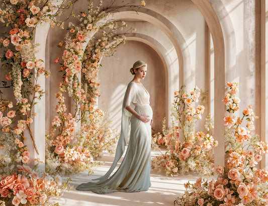 Instalación floral de terracota: fondos digitales, superposiciones para fondos de maternidad, superposiciones para fondos de estudio, fondos digitales