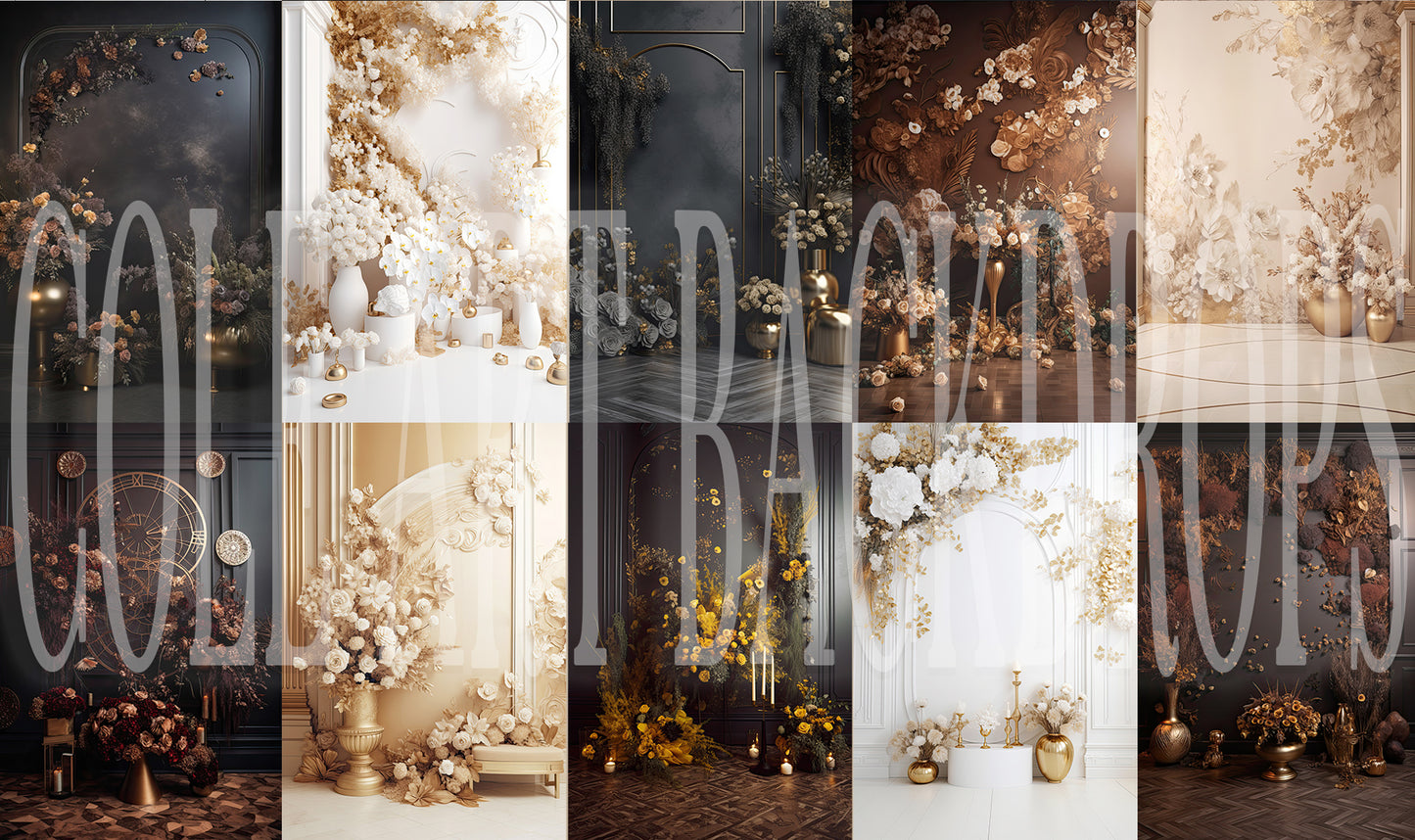 Conjunto de decoração dourada neutra: cenários digitais, fundos de maternidade, texturas para estúdio, texturas para belas artes, texturas para Photoshop
