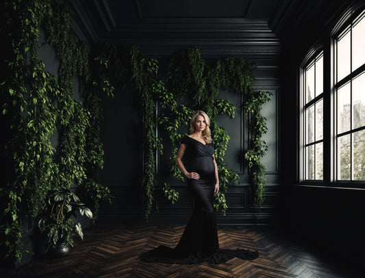 Conjunto de vides verdes con paneles negros para fondos digitales, fondos de maternidad, fondos de estudio, fondos digitales