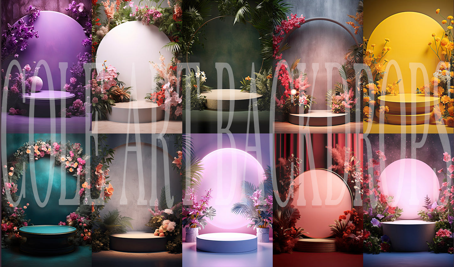 Colorful Round Floral Podium Set Digital Backdrops, Maternity Backgrounds, Studio Backdrop Textures, Fine Art Textures, Photoshop Textures