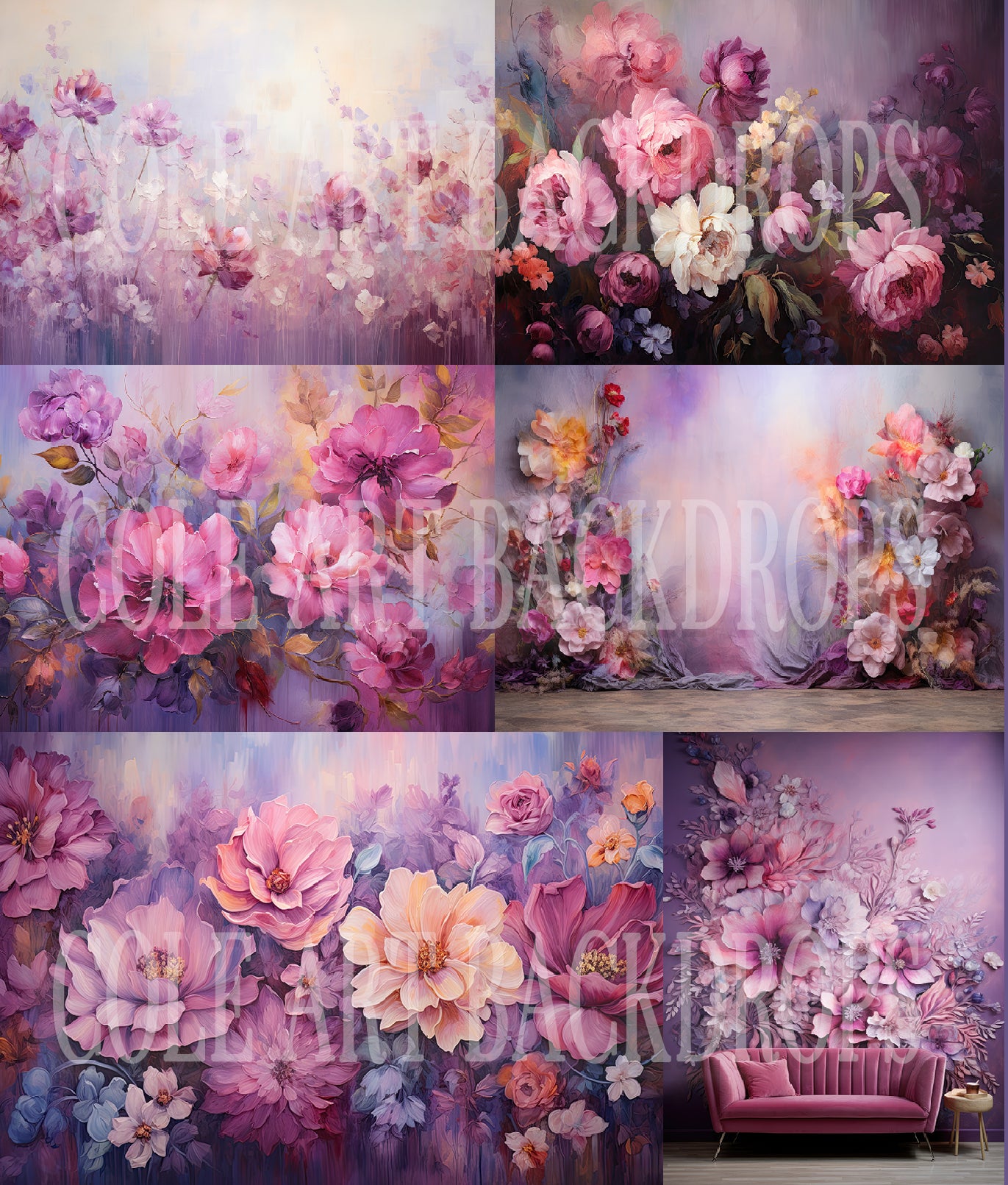 Conjunto de pintura al óleo floral púrpura: fondos digitales, fondos de maternidad, texturas para fondos de estudio, texturas de bellas artes, texturas para Photoshop