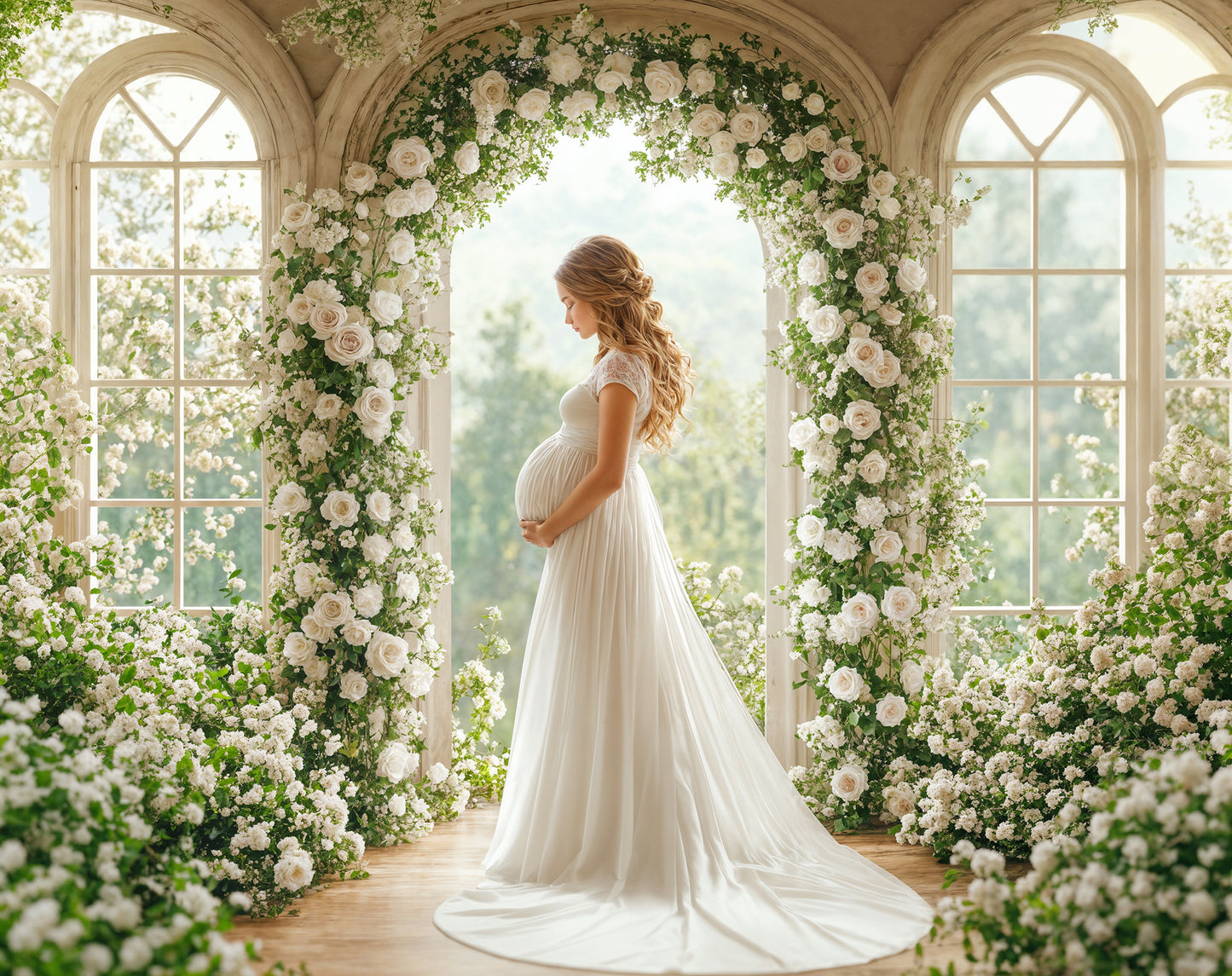 Fondo digital con diseño de balcón con rosas blancas