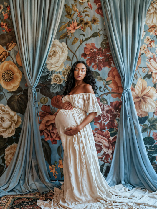 Fondo digital con cortina floral azul