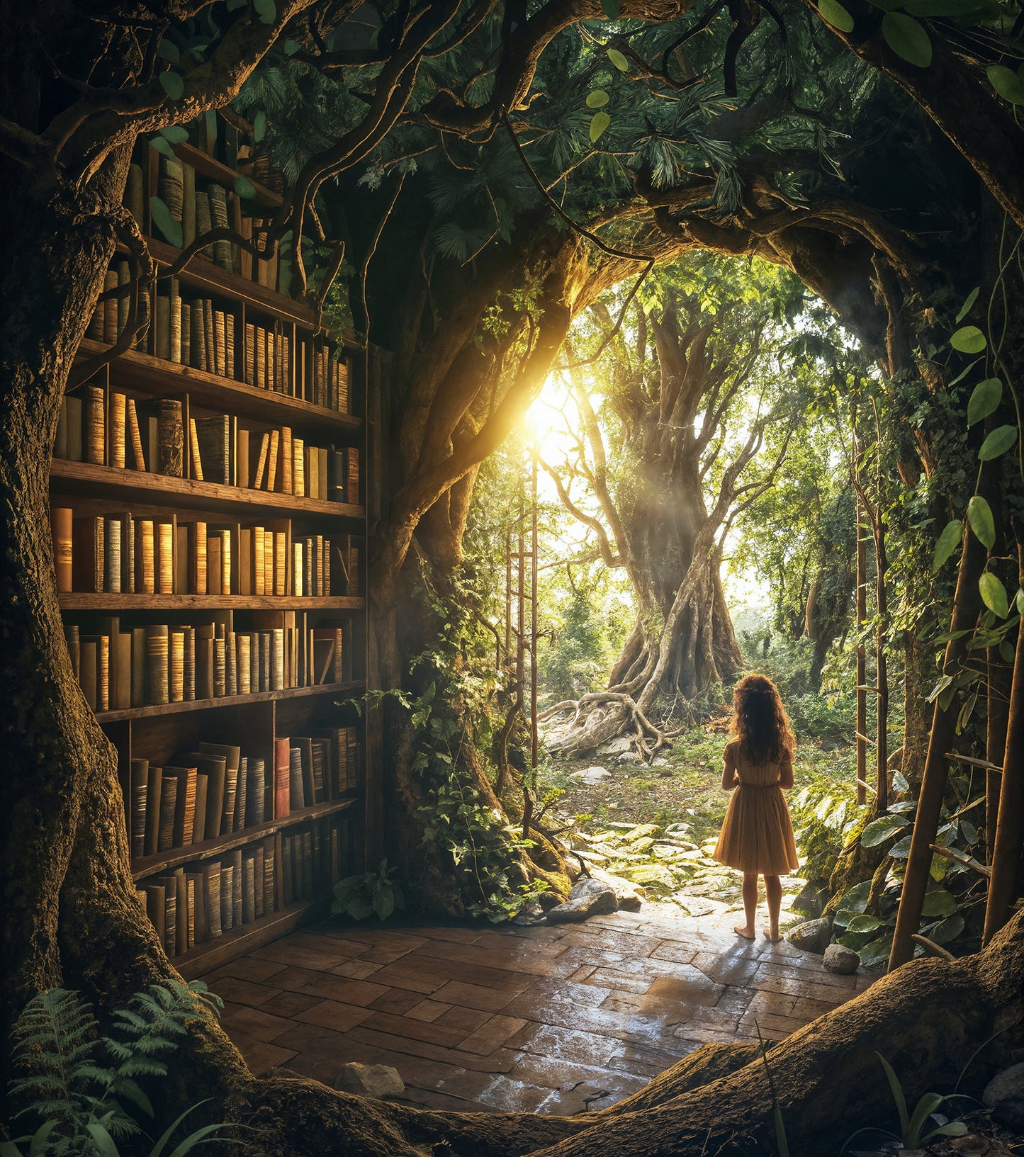 Conjunto de cenários digitais de visualizações de biblioteca de fantasia