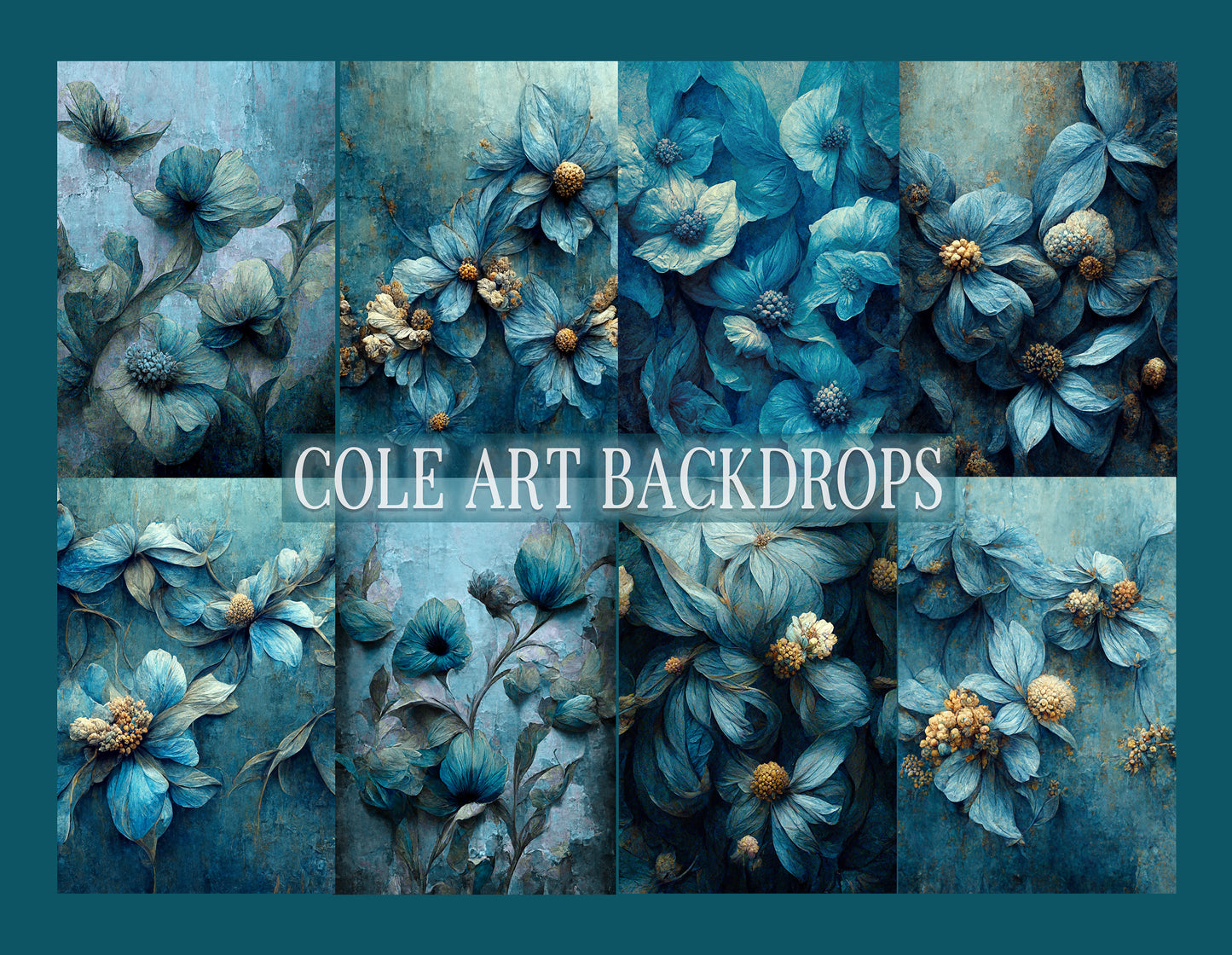 Conjunto de arte floral azul: cenários digitais, fundos de maternidade, texturas para cenários de estúdio, texturas para belas artes, texturas para Photoshop