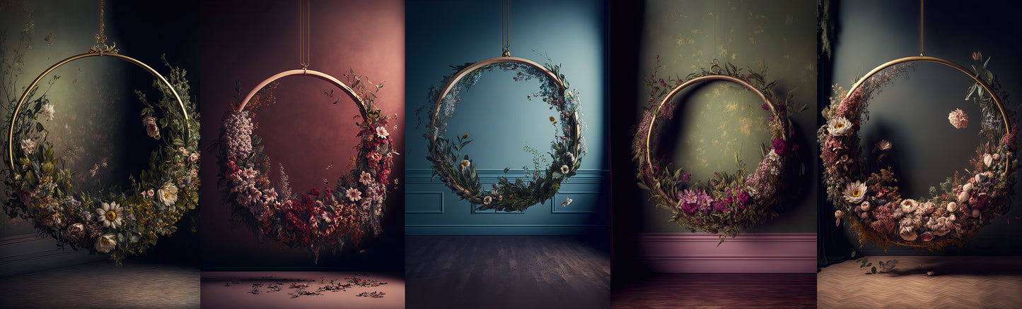 Conjunto de halos florais suspensos: cenários digitais, fundos de maternidade, texturas para cenários de estúdio, texturas para belas artes, texturas para Photoshop