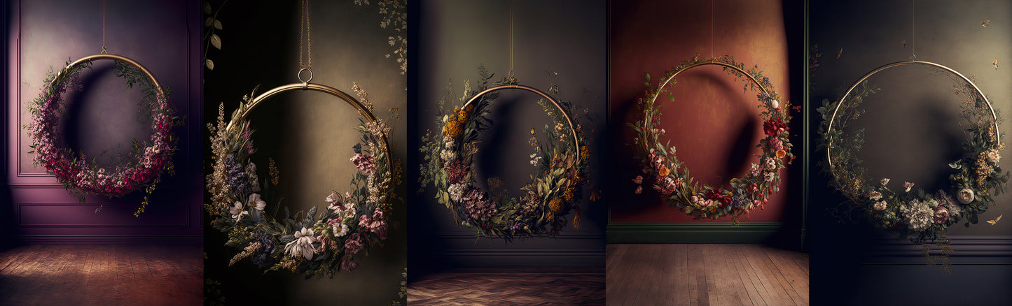 Conjunto de halos florais suspensos: cenários digitais, fundos de maternidade, texturas para cenários de estúdio, texturas para belas artes, texturas para Photoshop