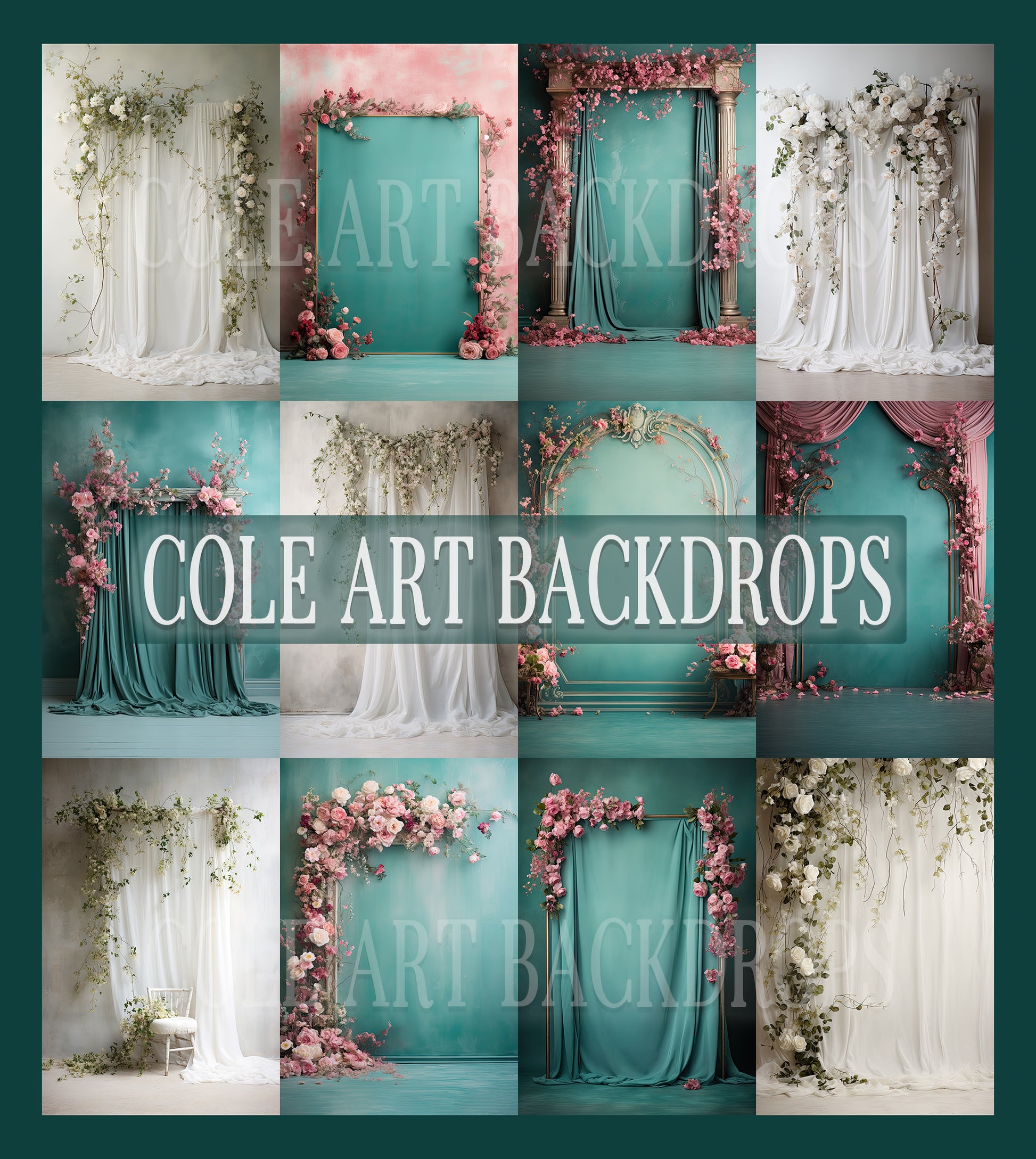 Teal and White Florals Set Digital Backdrops, Maternity Backgrounds, S ...