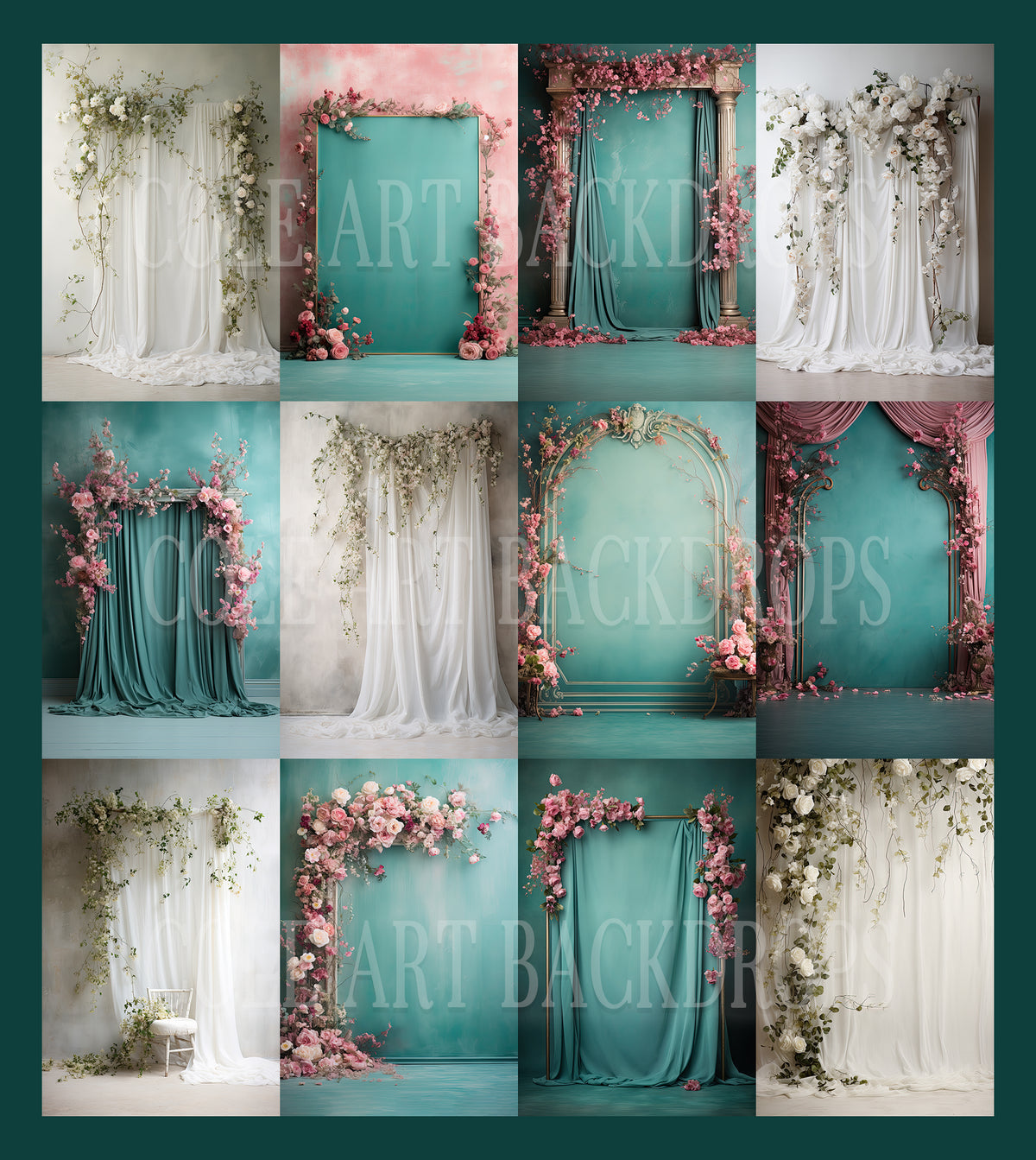 Matnav Backdrop Teal and White Florals Set Digital Backdrops, Maternity Backgrounds, S ...